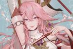  1girl animal_ears artist_name blue_background clivenzu closed_mouth earrings fingernails folding_fan genshin_impact hair_between_eyes hand_fan hand_up holding holding_fan jewelry long_hair looking_at_viewer nail_polish pink_hair pink_nails portrait solo violet_eyes yae_miko 