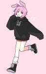  1girl :d black_footwear black_hoodie commentary demon_wings drawn_wings drawstring full_body highres hood hood_down hoodie looking_at_viewer loose_socks ootori_emu pink_background pink_eyes pink_hair play_button project_sekai shoes sleeves_past_fingers sleeves_past_wrists smile sneakers solo v-shaped_eyebrows waka_(wk4444) white_legwear wings 