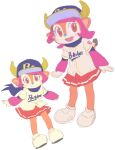  1girl baseball_cap baseball_jersey buffalo_bell hat horns mascot nippon_professional_baseball open_mouth orix_buffaloes pink_eyes pink_hair pink_theme pleated_skirt scarf short_hair skirt smile tail 