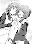  2girls ;d absurdres apron azami_masurao closed_mouth eyebrows_visible_through_hair highres hisui_(tsukihime) holding_hands kohaku_(tsukihime) looking_at_another maid maid_headdress monochrome multiple_girls one_eye_closed open_mouth short_hair siblings sisters smile standing tsukihime 