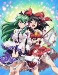  2girls arm_up ascot bangs black_hair blush bow breasts closed_mouth commentary_request detached_sleeves eyebrows_visible_through_hair eyes_visible_through_hair frog_hair_ornament gohei green_hair grey_eyes hair_between_eyes hair_bow hair_ornament hair_tubes hakurei_reimu hands_up holding kochiya_sanae large_breasts long_hair looking_at_another lunamoon medium_breasts multiple_girls open_mouth red_skirt short_hair skirt smile snake_hair_ornament standing touhou violet_eyes yellow_ascot 