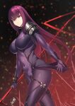  1girl armor bangs bodysuit breasts covered_navel fate/grand_order fate_(series) gae_bolg_(fate) hair_between_eyes highres kurozawa_yui large_breasts long_hair looking_at_viewer pauldrons polearm purple_bodysuit purple_hair red_eyes scathach_(fate) shoulder_armor solo spear thighs weapon 