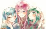  3girls aryuma772 blue_eyes blue_hair blue_shirt blush bracelet brown_cape cape closed_eyes closed_mouth green_eyes green_hair green_nails grin gumi hair_ribbon hand_on_another&#039;s_head hand_on_another&#039;s_neck hand_on_hand hatsune_miku highres jewelry long_hair megurine_luka multiple_girls nail_polish pink_hair ribbon ring shiny shiny_hair shirt smile straight_hair twintails twitter_username upper_body vocaloid white_background white_ribbon 