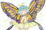  1girl antennae aqua_hair bad_anatomy butterfly_wings closed_eyes cowboy_shot dress eternity_larva fairy green_dress hair_between_eyes leaf leaf_on_head multicolored_clothes multicolored_dress one-hour_drawing_challenge open_mouth shizdayo short_hair short_sleeves smile solo touhou traditional_media wings 