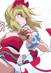  1girl arm_wrap blonde_hair blue_eyes breasts hairband highres irida_(pokemon) jewelry neck_ring poke_ball poke_ball_(legends) pokemon red_hairband red_shirt shirt short_hair shorts small_breasts solo strapless strapless_shirt waist_cape white_shorts yuuka_(a0240765) 