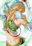  1boy abs bangs blonde_hair blue_eyes commentary_request covered_mouth earrings highres holding jewelry link long_hair male_focus navel oim8n pointy_ears solo sword the_legend_of_zelda weapon 