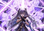  1girl absurdres angry bare_shoulders bow braid double_bun dress frilled_dress frilled_sleeves frills genshin_impact glaring gloves hair_bow hair_bun hair_ornament hairclip highres holding holding_sword holding_weapon karadborg keqing_(genshin_impact) open_mouth purple_hair sword twintails violet_eyes weapon 