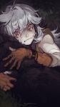  1boy bandaged_arm bandages bishounen clenched_teeth crying crying_with_eyes_open genshin_impact gloves grey_hair highres hood hoodie long_hair orange_gloves razor_(genshin_impact) red_eyes saiprin scar scar_on_face solo tears teeth wolf 