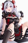  1girl azur_lane bangs black_dress black_legwear breasts checkered_floor clothing_cutout cross dress elbe_(azur_lane) elbe_(time_to_show_off?)_(azur_lane) eyebrows_visible_through_hair fang frilled_dress frills hair_between_eyes holding holding_hair iron_cross jyu-so knees_up large_breasts long_hair looking_at_viewer multicolored_hair official_alternate_costume open_mouth raised_eyebrows sitting skin_fang smile solo streaked_hair thigh_strap underboob_cutout 