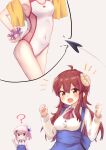  2girls ahoge armpits blush breasts brown_eyes brown_hair chiyoda_momo covered_navel demon_horns demon_tail fang highres horns kuramoto_takato large_breasts long_hair looking_at_viewer machikado_mazoku multiple_girls neckerchief open_mouth pink_hair red_neckerchief shiny shiny_hair shiny_skin short_hair simple_background small_breasts smile swimsuit tail thought_bubble upper_body white_background yoshida_yuuko_(machikado_mazoku) 