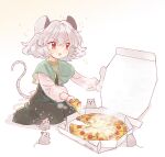  1girl animal_ears bangs biyon blush food grey_hair mouse mouse_ears mouse_tail nazrin open_mouth pizza red_eyes short_hair sitting solo tail touhou 