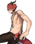  1boy abs brown_legwear demon_boy eyepatch facial_mark horns male_focus original patient_zero pointy_ears profile redhead simple_background solo stitches tail toned toned_male topless_male white_background yellow_eyes 