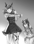  2girls :d absurdres animal_ears buttons closed_mouth double-breasted dress gloves greyscale highres horse_ears horse_tail long_sleeves looking_at_viewer miniskirt monochrome multiple_girls nice_nature_(umamusume) o-ring_thigh_strap pantyhose pleated_skirt ruukii_drift shirt short_dress skirt smile stretch tail tokai_teio_(umamusume) twintails umamusume v 