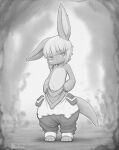  1other animal_ears barefoot bob_cut full_body furry head_tilt highres horizontal_pupils inverted_bob kionant looking_at_viewer made_in_abyss medium_hair nanachi_(made_in_abyss) parted_lips puffy_pants rabbit_ears signature smile solo standing tail topless whiskers 