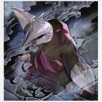  black_eyes blurry border claws closed_mouth commentary_request drilbur evolutionary_line excadrill kantarou_(8kan) looking_at_viewer no_humans pokemon pokemon_(creature) smile smoke standing white_border 