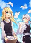  2girls :d aku_no_musume_(vocaloid) aryuma772 bangs basket blonde_hair blue_eyes blue_sky clarith closed_mouth clouds day evillious_nendaiki eyebrows_visible_through_hair floating_hair hair_between_eyes hair_down highres holding holding_basket kagamine_rin long_hair long_sleeves multiple_girls outdoors red_eyes riliane_lucifen_d&#039;autriche shiny shiny_hair shiro_no_musume_(vocaloid) shirt sky smile straight_hair sweatdrop very_long_hair vocaloid white_shirt yowane_haku 