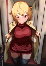  1girl ;d absurdres ahoge black_legwear blonde_hair flashing highres ibuki_tsubasa idolmaster idolmaster_million_live! indoors jewelry looking_at_viewer necklace no_pants one_eye_closed red_sweater ribbed_sweater sanami_(sanami_t_38) smile solo sweater thigh-highs trench_coat zettai_ryouiki 