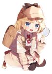 1girl :d backpack bag bangs blonde_hair blue_eyes blush brown_capelet brown_headwear brown_jacket brown_legwear brown_skirt capelet collared_shirt deerstalker eyebrows_visible_through_hair hat high-waist_skirt highres holding holding_magnifying_glass hololive hololive_english jacket long_sleeves looking_at_viewer magnifying_glass medium_hair necktie noi_mine open_clothes open_jacket plaid plaid_skirt red_necktie shirt skirt smile solo thigh-highs virtual_youtuber watson_amelia white_shirt younger 