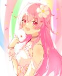  1girl bangs choker commentary fang flower hair_flower hair_ornament highres looking_at_viewer momoi_airi open_mouth pink_eyes pink_hair project_sekai shiropengin_l smile solo two_side_up white_flower wrist_cuffs 