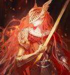  1girl brown_dress cape detnuah31 dress elden_ring helmet highres holding holding_sword holding_weapon long_hair malenia_blade_of_miquella mechanical_arms parted_lips prosthesis prosthetic_arm red_cape redhead scar single_mechanical_arm solo sword very_long_hair weapon winged_helmet 