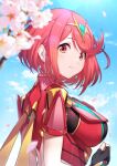  1girl absurdres bangs black_gloves breasts cherry_blossoms chest_jewel earrings fingerless_gloves gem gloves green322 headpiece highres jewelry large_breasts pyra_(xenoblade) red_eyes redhead short_hair solo swept_bangs tiara xenoblade_chronicles_(series) xenoblade_chronicles_2 