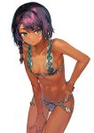  1girl bangs bikini blunt_bangs blush braid breasts collarbone cowboy_shot dark-skinned_female dark_skin eyebrows_visible_through_hair green_eyes hand_on_hip hand_on_own_thigh highres hip_focus konbu_wakame leaning_forward looking_at_viewer mole mole_on_breast mole_on_thigh mole_under_eye navel original outline purple_hair revision shiny shiny_hair short_hair sidelocks simple_background small_breasts solo swimsuit thigh_gap thighs toned white_background 