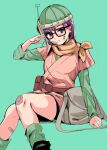  1girl bag belt bike_shorts breasts brown_eyes chrono_trigger closed_mouth glasses helmet looking_at_viewer lucca_ashtear purple_hair salute scarf short_hair simple_background smile solo toro_tarou 