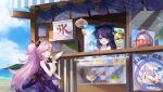  2girls :d bangs beach benghuai_xueyuan blue_dress blue_sky bow clouds cloudy_sky dango doll dress food glass hair_bow highres holding holding_doll holding_food honkai_(series) honkai_impact_3rd ice_cream kiana_kaslana long_hair multiple_girls official_art open_mouth outdoors pink_hair poster_(object) purple_dress purple_hair raiden_mei sand shop sin_mal sky smile sundress twintails violet_eyes wagashi water wind_chime yellow_eyes 