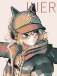  1girl absurdres apex_legends beige_background blonde_hair blue_eyes cat_ear_headphones chinese_commentary glasses headphones highres jacket limited_palette looking_to_the_side official_alternate_costume portrait short_hair solo thunder_kitty_wattson visor_cap wattson_(apex_legends) xiaoye_ju_er 