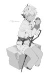  1boy amputee arknights bishounen coat cowboy_shot cz474 english_text looking_at_viewer male_focus mephisto_(arknights) monochrome originium_(arknights) scared shorts simple_background sitting solo weapon white_background 