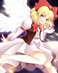  1girl angel_wings bare_legs barefoot belt blonde_hair bow bowtie breasts brown_vest collared_dress commentary_request dress feathered_wings foot_out_of_frame gengetsu_(touhou) hair_bow juliet_sleeves leg_up long_sleeves looking_at_viewer open_clothes open_mouth open_vest pink_belt puffy_sleeves red_bow red_bowtie seiya_(snxmari) short_hair sleeve_garter small_breasts star_(sky) touhou touhou_(pc-98) vest white_dress wings yellow_eyes 