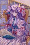  1girl blue_bow blue_ribbon blush book bow closed_mouth crescent crescent_hat_ornament dress eyebrows_visible_through_hair hair_bow hat hat_ornament hat_ribbon highres hourai_kiriri long_hair long_sleeves mob_cap open_book patchouli_knowledge purple_dress purple_hair purple_headwear red_bow red_ribbon ribbon sitting solo striped striped_dress touhou vertical-striped_dress vertical_stripes violet_eyes 