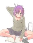  1girl barefoot bike_shorts blue_eyes book bottle breasts chrono_trigger closed_mouth dated feet full_body glasses lucca_ashtear purple_hair short_hair simple_background sitting solo white_background yumeno_tanuki 