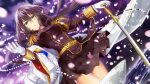  1girl azur_lane beads black_hair breasts curled_horns eyebrows_visible_through_hair gloves hair_between_eyes hand_up himuro_(himushin) horns japanese_clothes katana kimono long_hair looking_away medium_breasts mikasa_(azur_lane) military military_uniform oni open_mouth skirt solo sword uniform very_long_hair weapon white_gloves yellow_eyes z_flag 