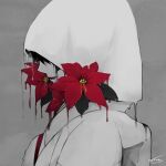  1girl black_hair flower highres hood jacket japanese_clothes kara_ito kimono original poinsettia red_flower short_hair signature solo uchikake white_hood white_jacket 