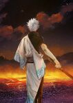  1boy back bokken clenched_hand clouds cloudy_sky gintama hatching_(texture) highres holding holding_sword holding_weapon japanese_clothes looking_afar male_focus molten_rock moon mountain sakata_gintoki silhouette sketch sky solo standing sword toned toned_male twitter_username uraki_(tetsu420) weapon white_hair wooden_sword 