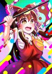  1girl :d arm_up ascot bow bright_pupils brown_eyes brown_hair chromatic_aberration colorful cowboy_shot detached_sleeves frilled_bow frilled_hair_tubes frilled_shirt_collar frills gohei hair_between_eyes hair_bow hair_tubes hakurei_reimu holding holding_stick long_hair long_sleeves looking_at_viewer open_mouth red_bow red_skirt red_vest rimoune2399 sarashi sidelocks skirt skirt_set sleeves_past_elbows smile solo stick teeth tongue touhou upper_teeth v-shaped_eyebrows vest white_pupils wide_sleeves yellow_ascot yin_yang 