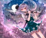  1girl :&lt; alternate_eye_color bangs black_bow black_bowtie black_hairband bob_cut bow bowtie buttons cherry_blossoms closed_mouth collared_shirt commentary_request falling_petals frilled_skirt frills full_moon green_skirt green_vest hairband hitodama_print holding holding_weapon katana konpaku_youmu konpaku_youmu_(ghost) looking_at_viewer moon night outdoors petals petticoat puffy_short_sleeves puffy_sleeves red_eyes sakizaki_saki-p shirt short_hair short_sleeves silver_hair skirt solo standing sword thighs touhou tree vest weapon white_shirt wing_collar 