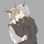  2girls alina_(arknights) animal_ears arknights black_capelet black_dress black_jacket brown_hair capelet closed_eyes deer_antlers deer_ears deer_girl dragon_horns dress epaulettes eyebrows_visible_through_hair grey_background grey_hair hair_intakes hand_in_another&#039;s_hair highres horns jacket kiss kissing_cheek multiple_girls official_alternate_costume pinafore_dress simple_background smile talulah_(arknights) talulah_the_fighter_(arknights) upper_body yip70_(krypton170) yuri 