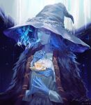  1girl blue_eyes blue_hair blue_skin cape closed_mouth colored_skin cracked_skin cup dress elden_ring extra_arms fur_cape fur_cloak hat highres keibleh long_hair one_eye_closed own_hands_together ranni_the_witch solo teacup wavy_hair witch witch_hat 