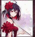  1girl bangs bob_cut china_dress chinese_clothes closed_mouth dress flower hair_flower hair_ornament highres holding holding_pipe honkai_(series) honkai_impact_3rd kiseru looking_at_viewer looking_to_the_side petals pipe pmg red_eyes red_flower redhead seele_(alter_ego) seele_vollerei seele_vollerei_(stygian_nymph) short_hair sleeveless sleeveless_dress smile 