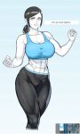  black_hair breasts clenched_hands colored_skin english_text large_breasts pants ponytail smile sports_bra toned white_eyes white_skin wii_fit wii_fit_trainer wii_fit_trainer_(female) yoga_pants 