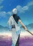  1boy back blue_hair bokken clenched_hand clouds cloudy_sky fog gintama hatching_(texture) highres holding holding_sword holding_weapon japanese_clothes light_blue_hair looking_afar male_focus moon mountain sakata_gintoki silhouette sketch sky solo standing sword toned toned_male twitter_username uraki_(tetsu420) water weapon wooden_sword 