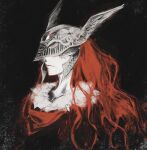  1girl cloak closed_mouth covered_eyes detnuah31 elden_ring helmet highres malenia_blade_of_miquella monochrome portrait red_cloak red_theme redhead scar smile solo winged_helmet 