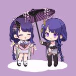  2girls :d ^_^ animal bangs black_footwear black_legwear blush braid braided_ponytail chibi closed_eyes fan_hair_ornament flower genshin_impact hair_flower hair_ornament highres holding holding_animal holding_umbrella idomiz japanese_clothes kimono long_braid long_hair long_sleeves makoto_(genshin_impact) multiple_girls obi obiage oil-paper_umbrella okobo open_mouth purple_flower purple_hair purple_kimono purple_umbrella raiden_shogun red_sash sash siblings sidelocks sisters smile socks sparkle spoilers tabi thigh-highs umbrella very_long_hair white_kimono white_legwear wide_sleeves wisteria yae_miko yae_miko_(fox) 