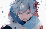  1boy blood blood_in_hair blood_on_clothes blood_on_face blurry blurry_background card chongyun_(genshin_impact) genshin_impact highres holding holding_card hood light_blue_eyes light_blue_hair lpain male_focus open_mouth solo white_background 