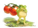  1other commentary_request food frog grass hachiya_shohei highres holding holding_food original personification solo standing tomato walking 