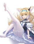  1girl :d absurdres animal_ear_fluff animal_ears arknights bangs bare_shoulders blonde_hair blue_hairband blush corset eyebrows_visible_through_hair fox_ears fox_girl fox_tail frilled_skirt frills green_eyes hair_rings hairband highres id_card layered_sleeves legs legs_up looking_at_viewer lyrae multicolored_hair multiple_tails no_shoes oripathy_lesion_(arknights) pantyhose purple_skirt short_hair short_sleeves simple_background skirt smile soles solo suzuran_(arknights) tail thighband_pantyhose two-tone_hair upskirt white_background white_hair white_legwear wrist_cuffs 