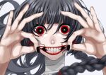  1girl absurdres bandaged_neck bandages bangs black_hair black_nails braid hair_ribbon highres horror_(theme) iwnm0313 long_hair looking_at_viewer open_mouth original red_eyes red_ribbon ribbon smile solo teeth twin_braids white_background 