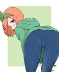  1girl ass bent_over blue_eyes blue_pants blush closed_mouth commentary_request denim from_behind go-toubun_no_hanayome green_background green_hoodie green_ribbon hair_ribbon highres hood hood_down hoodie jeans kujou_karasuma looking_at_viewer looking_back nakano_yotsuba orange_hair pants profile ribbon signature solo standing two-tone_background white_background 